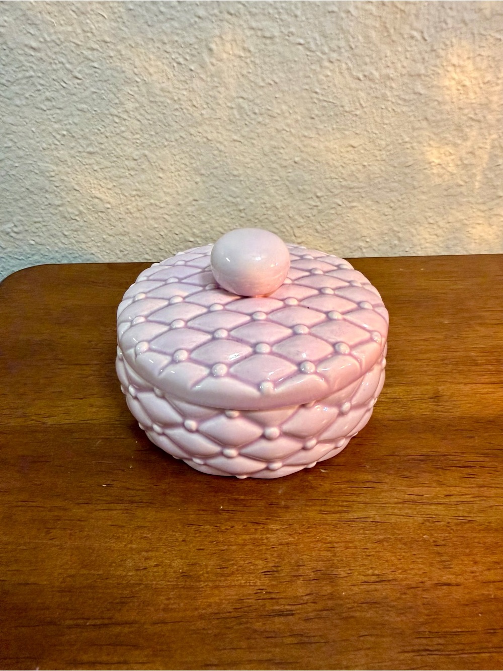 vintage pink quilted jewelry dish